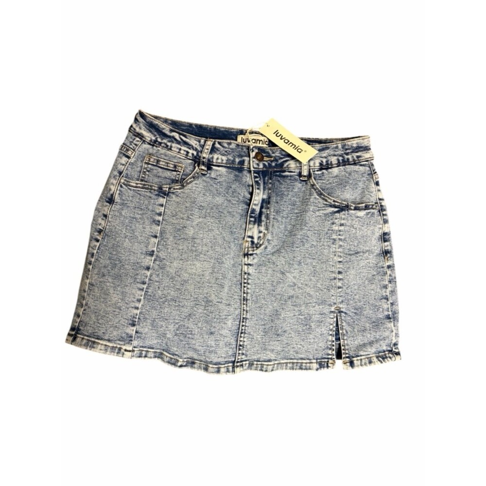 Luvamia Acid Wash Denim Skort Light Blue Front Slit A-Line Skirt Shorts L
